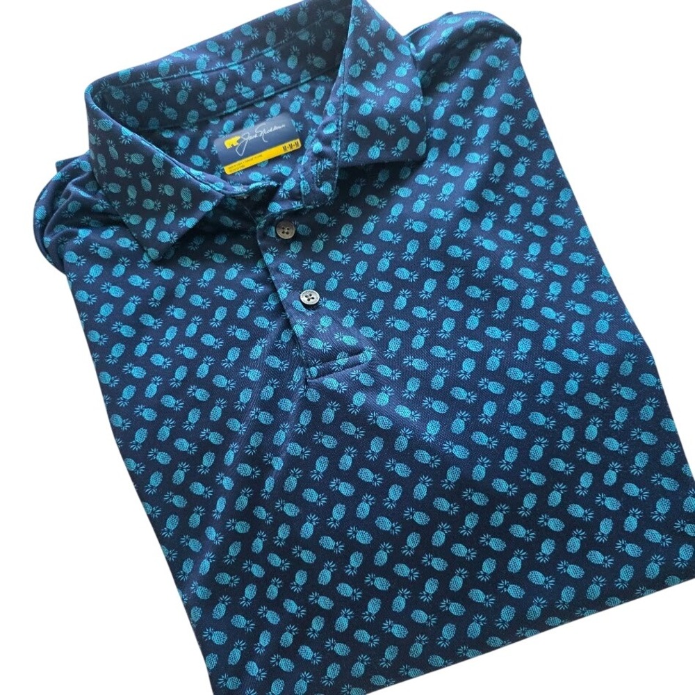 Jack Nicklaus Pineapple Print Polo Shirt Medium Mens Navy Turquoise Golf Sporty‎